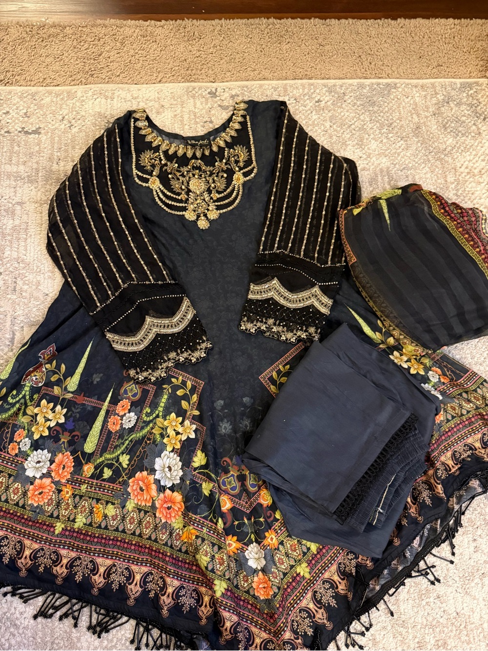 Black Embroidered Floral Women’s dress with Gold Accents